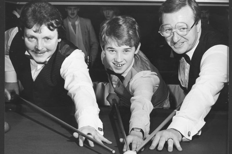 Snooker stars Murdo MacLeod and Dennis Taylor flank a young Stephen Hendry in February 1984. The Edinburgh snooker star went on to conquer the sport, winning the  World Snooker Championship seven times in the 1990s.