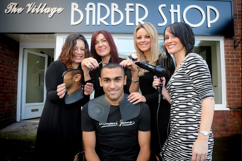 Official opening of The Village Barber Shop with Sunderland AFC player Ahmed Elmohamady in 2010. Pictured are the staff from left Thahba Al-Sayyadi, Margaret Mackie (owner), Lowis Harding and Cara Ward.