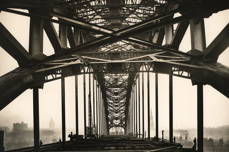 View along the Tyne Bridge looking towards Newcastle, as work on its construction continues, 6 March 1928
