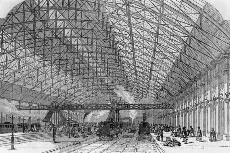 New Street railway station at the time of its official opening, June 1854. The station had the world's largest iron and glass roof.