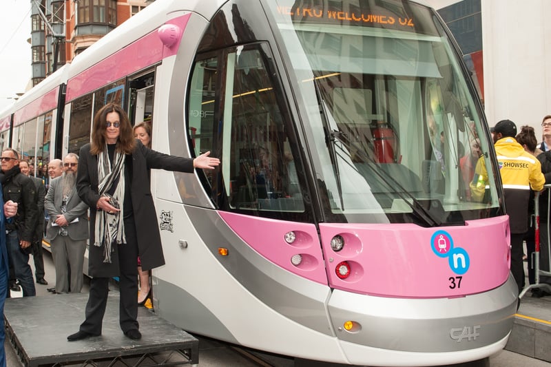 Ozzy Osbourne names a tram Midland Metro tram 'Ozzy Osbourne' which will run on a newly-opened route in the city centre on May 26, 2016 in Birmingham, England.  (Photo by Richard Stonehouse/Getty Image