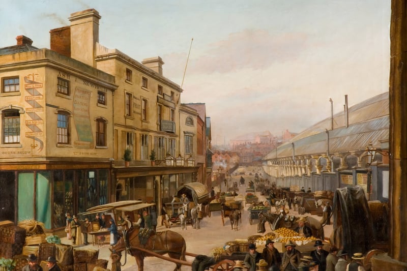 Worcester Street, Birmingham, 1883. View of New Street Station with Worcester Street to the left. This is a view of New Street Station in central Birmingham in the 1880s. The long glass roof of the station can be seen on the right hand side. Just visible on the far right is the corner of the old Bull Ring Market Hall.