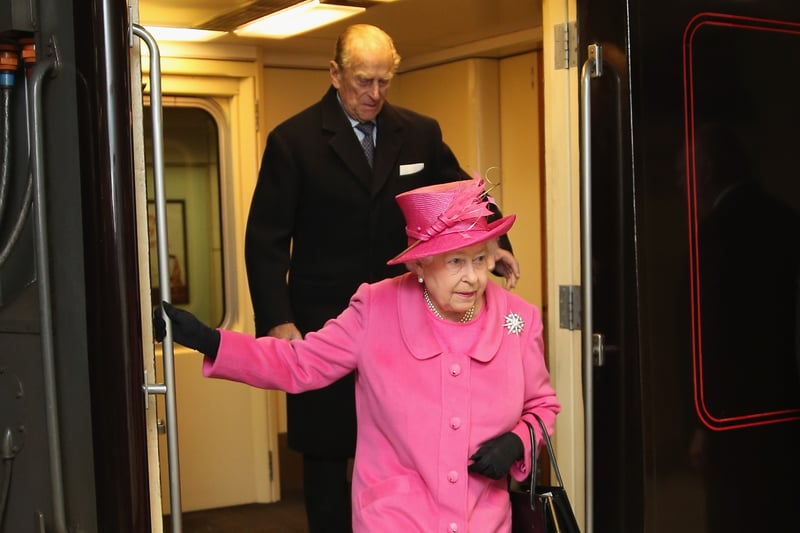 Queen Elizabeth II and Prince Philip, Duke of Edinburgh arrive on the Royal Train at Birmingham New Street Station to officially open the refurbished rail station in November 2015