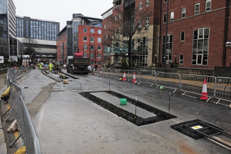 Workers were on site digging up the road near to Bridgewater Place, blocking the route that drivers would normally take after turning off the M621 to get into the city centre.