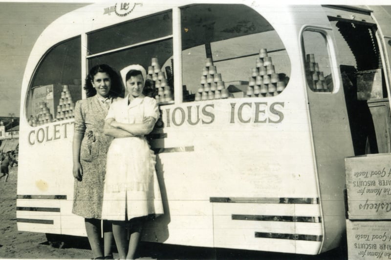 Maria Coletta (left) at one of the Ice Cream carts on Blackpool Beach 
1950s