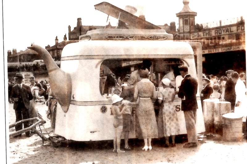 The teapot mobile cafe on Blackpool beach, 1950s