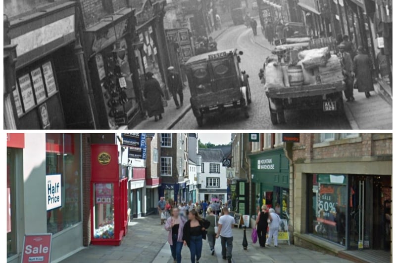 Silver Street in Durham in an undated photo, and on Google Maps in 2018.
