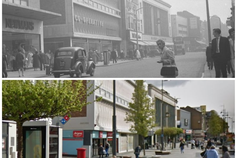 High Street West in 1963 and 2019.