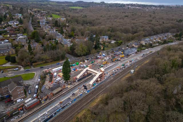 An aerial view of the new footbridge and second platform being created at Dore & Totley station in Sheffield