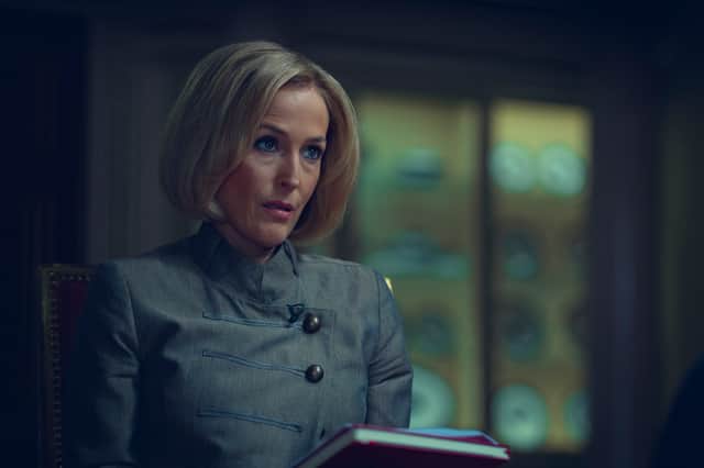Gillian Anderson as former King Edward VII pupil Emily Maitlis in The Scoop. Picture: Peter Mountain / Netflix