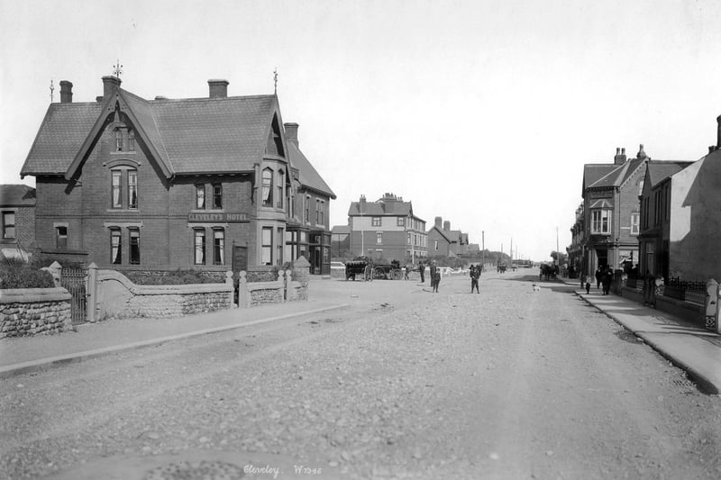 Victoria Road, Cleveleys, Lancashire, 1890-1910. A street view of Cleveleys looking east with the Victorian Cleveley's Hotel to the left of the photograph. (Photo by English Heritage/Heritage Images/Getty Images)