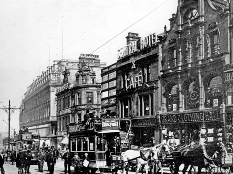 High Street, Sheffield city centre, some time between 1900 and 1919, including the Grand Clothing Hall and Central Hotel & Cafe