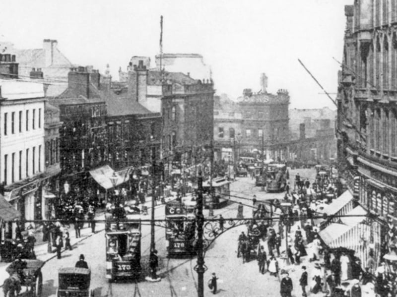 Elevated view of High Street, Sheffield city centre, some time between 1900 and 1919