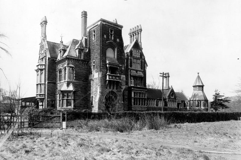Meanwood Towers on Parkland Gardens off Stonegate Road. The house was built in 1867 for Thomas Stuart Kennedy and designed by Edward W. Pugin in Gothic style. The original tall ornamental chimneys were shortened in 1969 as they were unsafe. The house has now been converted into flats. Pictured in April 1950.