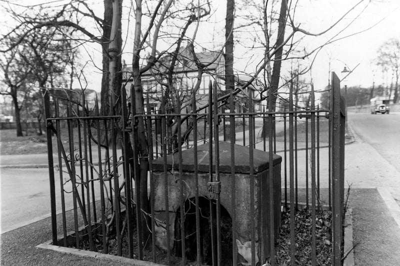 The Revolution well and cover on Stonegate Road in March 1950. It is dated 1788 and was  moved slightly from original position. Made of gritstone slabs, rectangular with pyramidal capstone. There is a round arched opening on south side. On the north side is an inscription.