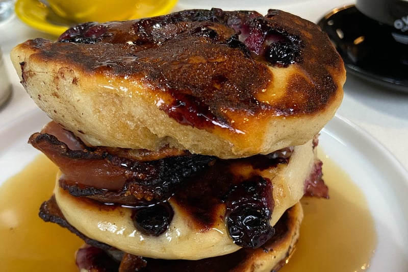 Order the blueberry pancakes, bacon and maple syrup at Mesa on Duke Street in the East End. 567 Duke St, Glasgow G31 1PY.  