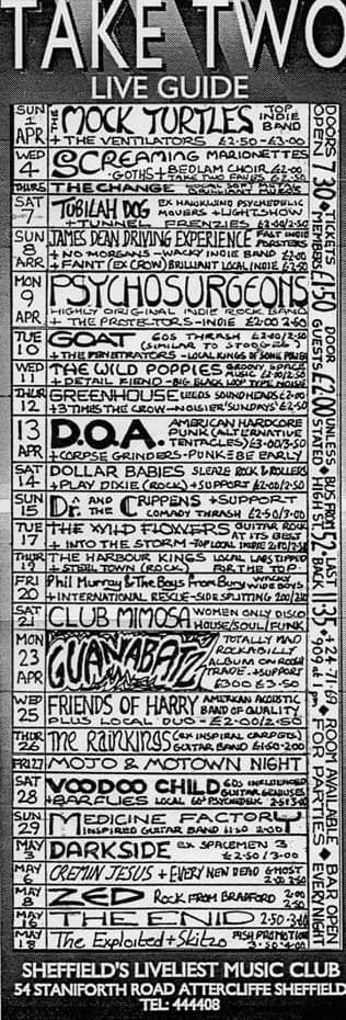 Listings for Sheffield's Take Two Club in the 1980s, when it was described as 'Sheffield's liveliest music club'