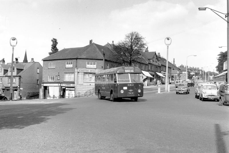 A single deck, AEC Reliance/Roe 32 bus, registration no TUA 32. Route no 45 Wortley via Meanwood, Headingley and Kirkstall. This is the junction of Stonegate Road in the centre to the right Green Road coming in on the left. Monk Bridge Road is on the foreground, coming up to Stonegate Road. Pictured in August 1959.