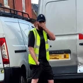 The other man, who is pictured wearing a baseball cap and a hi-viz tabard, is described as a white man, of a medium build, with short dark hair and a beard.