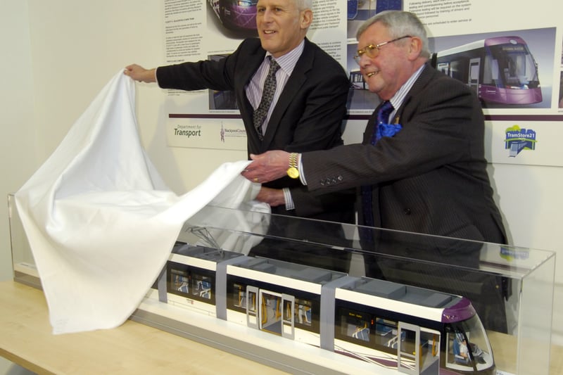 Gordon Marsden MP and Leader of Blackpool Council Peter Callow unveil a model of the new Blackpool tram