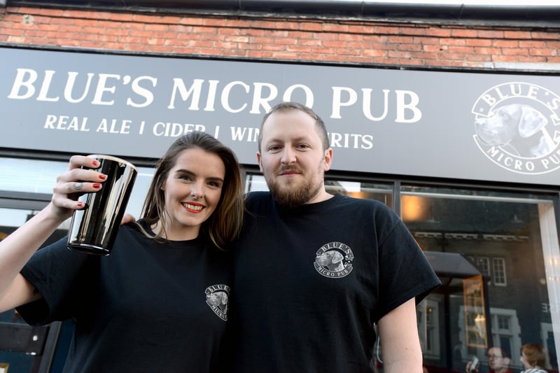 Cheers to this 2020 scene which shows owner Alice Pye with partner Callum Watson outside the new Blue's Micro Pub.