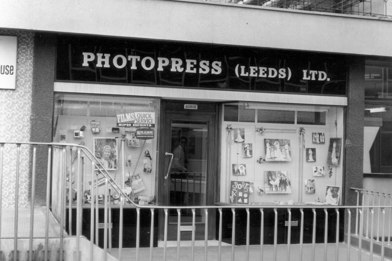 The Photopress (Leeds) Shop at 12/14 Merrion Centre owned by photographer Jimmie Waite. Pictured in June 1965. The Merrion Centre had opened the previous year and this was one of the first shops The window is displayed showing wedding photographs and camera equipment