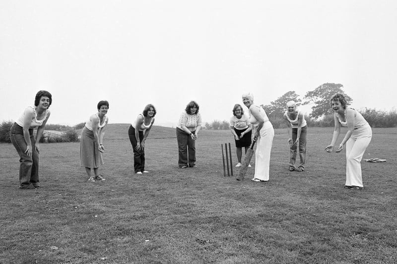 The ladies team from the Jolly Sailor pub were practising for a charity match at Whitburn Cricket Ground in August 1980.