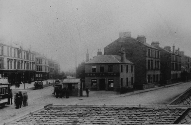 A view down Kilmarnock Road at Shawlands Cross, showing Samuel Dow's pub and a tram with a mule team.