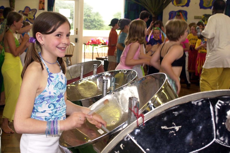 Great and Little Preston Junior School pupil Jessica Thorpe plays the steel drums Caribbean style as part of a drama, music and dance performance on 'Our global village- Modern day life across the World'. Pictured in July 2000.