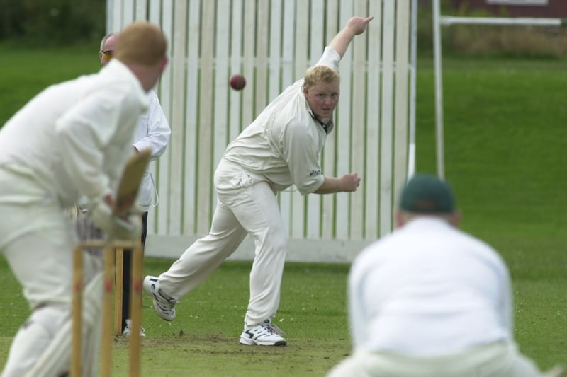 Match action from Kippax against Bramhope in the Wetherby League in July 2000. Pitcured is Kippax bowler Alan Boyer.
