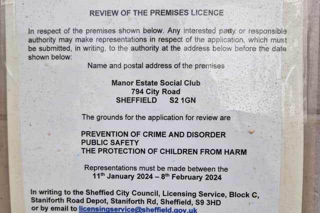 The Sheffield Council licencing department notice on the site of Manor Social Club. 