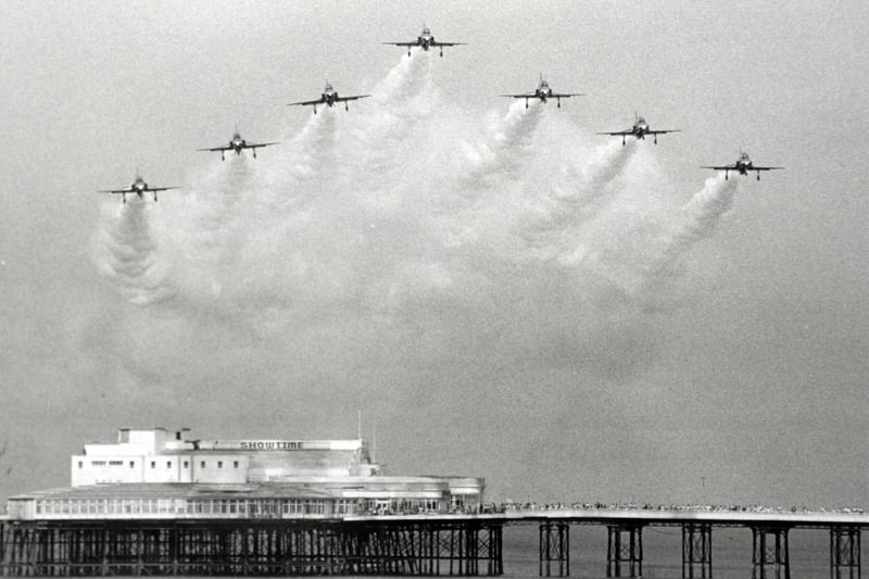 The Red Arrows fly over Blackpool's North Pier 1989