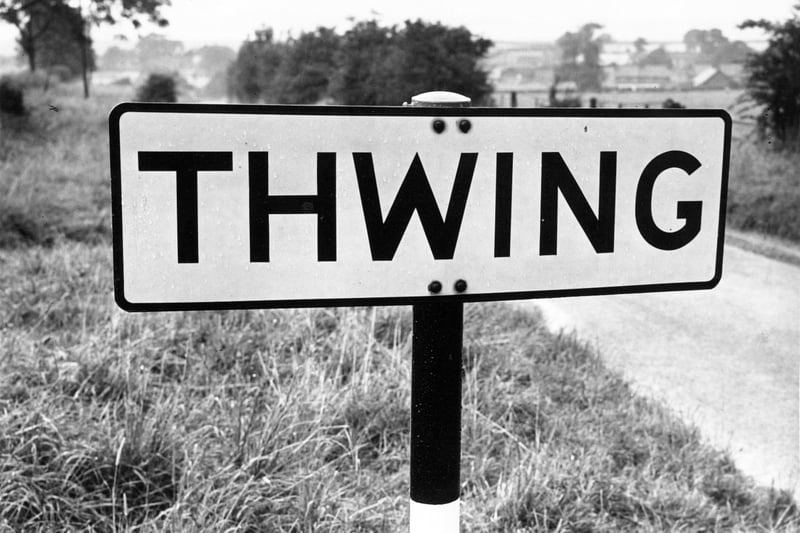 A sign for the village of Thwing. Pictured in August 1964.
