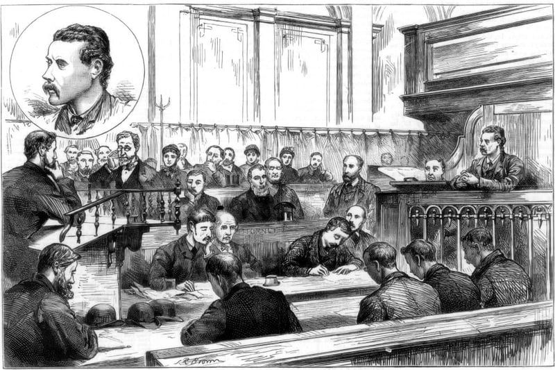 Court case involving 'the dynamite plot'. Illustration from the The Graphic, (3 May 1884). (Photo by The Print Collector/Print Collector/Getty Images)