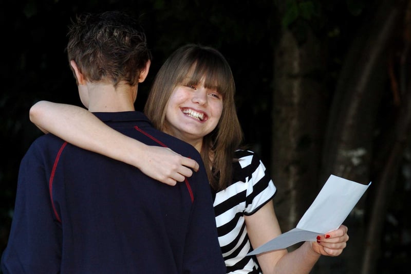 GCSE results day at Intake High School in August 2007. Pictured are Richard Gartland and Rebecca Edwards celebrating their success.