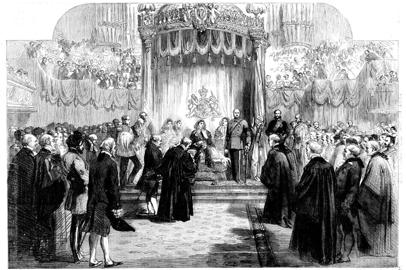  Reading of the Birmingham Corporation Address to Her Majesty in the Townhalll, 1858. The Town Clerk reads: 'Most Gracious Sovereign, We, your Majesty's faithful subjects, the Mayor, Aldermen, and Burgesses of the borough of Birmingham, in the county of Warwick, humbly offer to your Majesty and your Royal Consort our cordial welcome. From the day of your Majesty's accession to the Throne we have regarded your Royal person with sincere and devoted affection, and we have long looked forward to an opportunity of emulating, with generous zeal, the ardent loyalty of our fellow-subjects in other great cities of your empire...In the name of the vast community we represent, wo humbly beg to convey to your Majesty our cordial thanks for the signal honour which your Majesty has deigned to confer upon the borough of Birmingham...'. From "Illustrated London News", 1858. Creator: Unknown. (Photo by The Print Collector/Heritage Images via Getty Images)