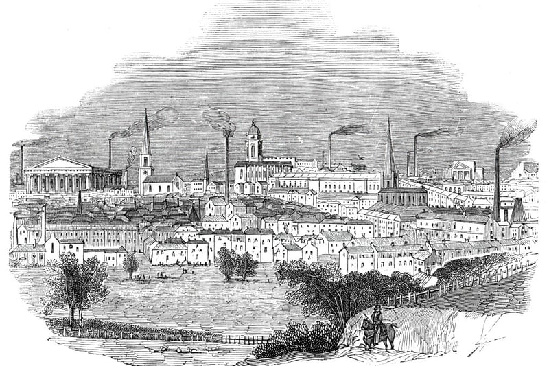 View of the city of Birmingham in the West Midlands, a centre of manufacturing during the Industrial Revolution. From "Illustrated London News", 1844, Vol V. Artist Unknown. (Photo by The Print Collector/Heritage Images via Getty Images)