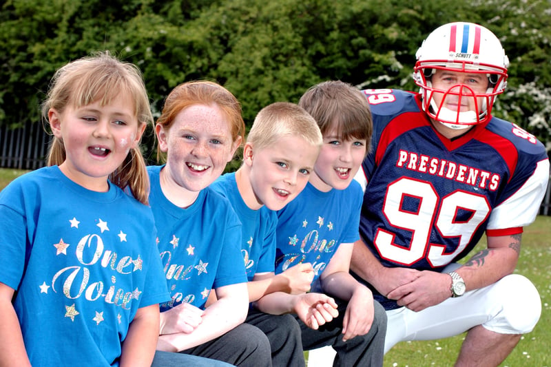 Megan Gray, 10, Ewan Pinder, 9, Craig Fergus, 10, and Leah Smith, 8, got to meet Lee Lamb from the DC Presidents American football club in this photo from 2011.
The youngsters were all members of the One Voice choir at Holley Park Primary School, Washington. 