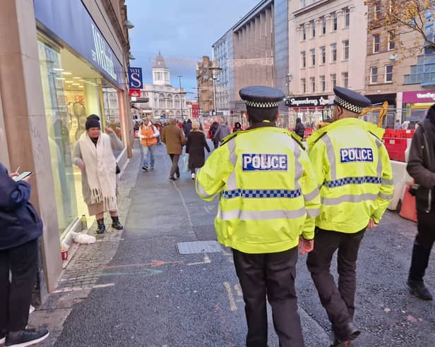 South Yorkshire Police numbers have fallen since the end of a Government recruitment drive, show figures.  File picture shows officers patrolling Sheffield city centre. Picture: David Kessen, National World