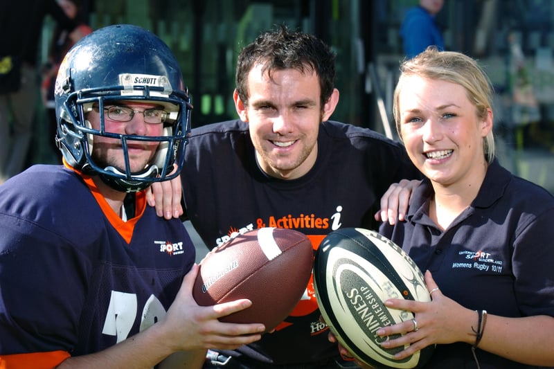Sunderland University freshers had the choice of sports in 2011 -  from A for American Football to W and women's rugby. 
Pictured are David Peddie, centre, from the Institute of Sports with Tom Mugford and Emma Roberts. 