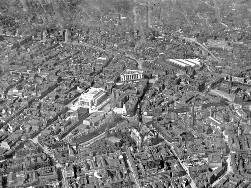 Sheffield city centre seen from above in the early 1930s, with Sheffield City Hall under construction