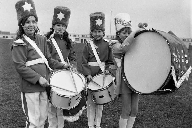 Drummers in action in this photo from March 1974.
