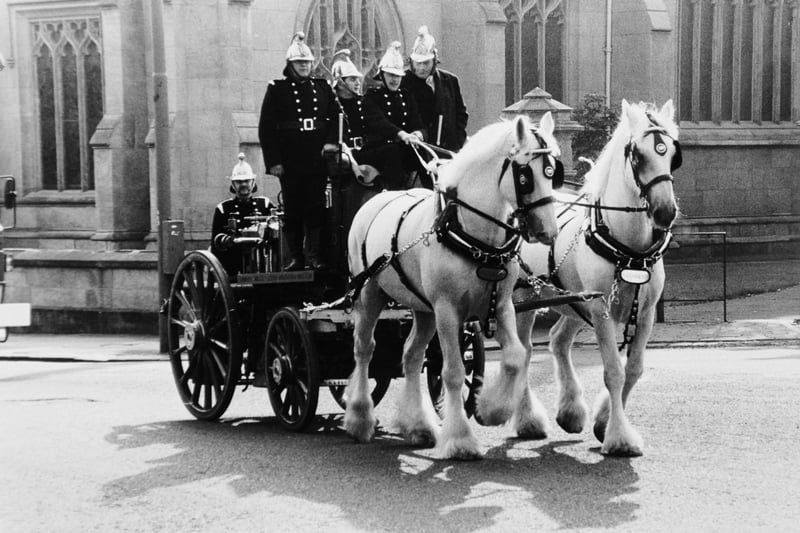 October 1987 and the clocks were turned back nearly a century as firefighters and and Tetley's horsemen passed Leeds Parish Church on a 1891 fire engine which was pulled through the city to commemorate the 50th anniversary of Gipton Fire Station. he engine went from Tetley's Bewery at Hunslet through the city centre and on to Gipton Fire Station.
Pictured on board the steam fire engine are leading fireman Pete Buckland, assistant divisional officer Rod Ainsworth, Ricky Senior, secretary of the Fire Brigade Society and Tetley's horsemen David Simpson and John Whitehead.