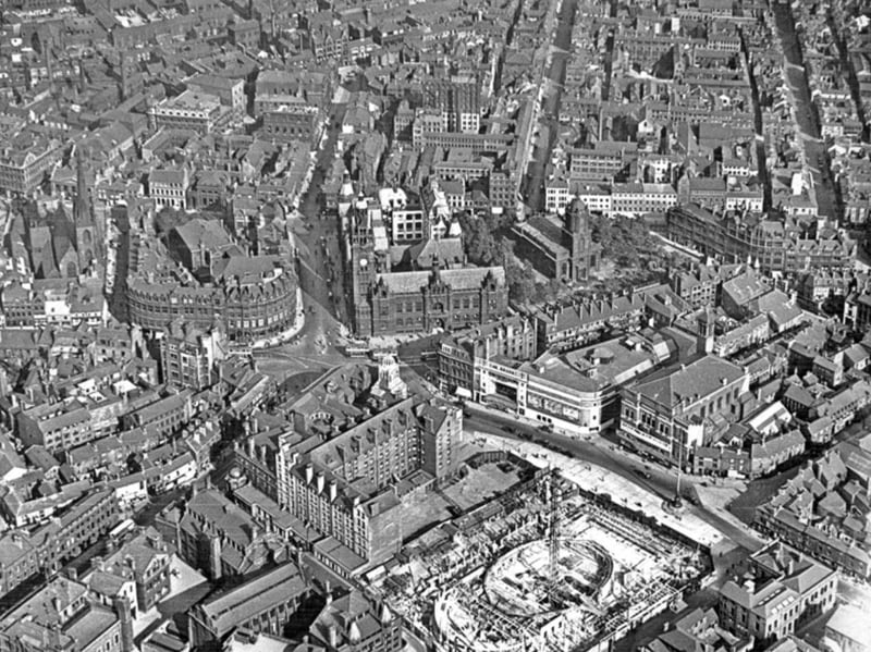 Sheffield city centre from above in 1931, showing Sheffield Town Hall, the old Regent Cinema and Sheffield City Hall under construction