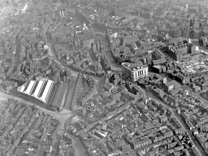 Sheffield city centre seen from above in the early 1930s. The landmarks visible include Sheffield Corporation Tramway and Omnibus Depot, on Tenter Street/Hawley Street, to the left, and the Central Telephone Exchange, on Trippet Lane/West Street, in the centre