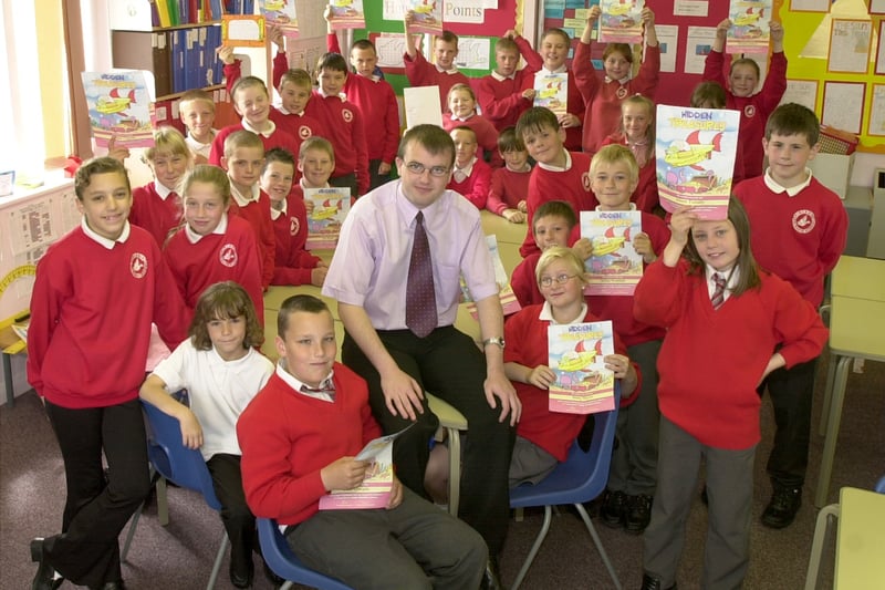 Children From Kincraig School in Bispham with their teacher Andrew Blood. They had written poems published in "hidden treasures"