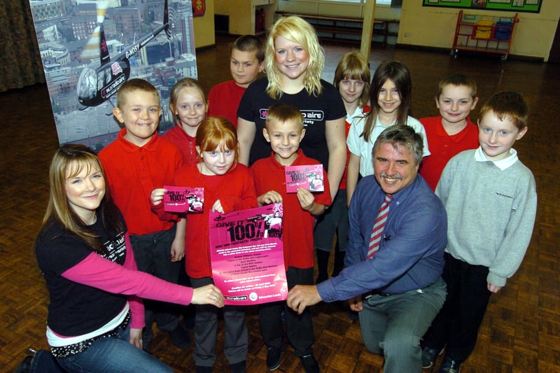 March 2006 and pupils from Raynville Primary School were bidding for a chance of riding in the 96.3 Radio Aire helicopter by having a 100 per cent attendance record with the encouragement from Cheryl Thompson and Jenny Seymour from 96.3 Radio Aire and John Normington, attendance champion.