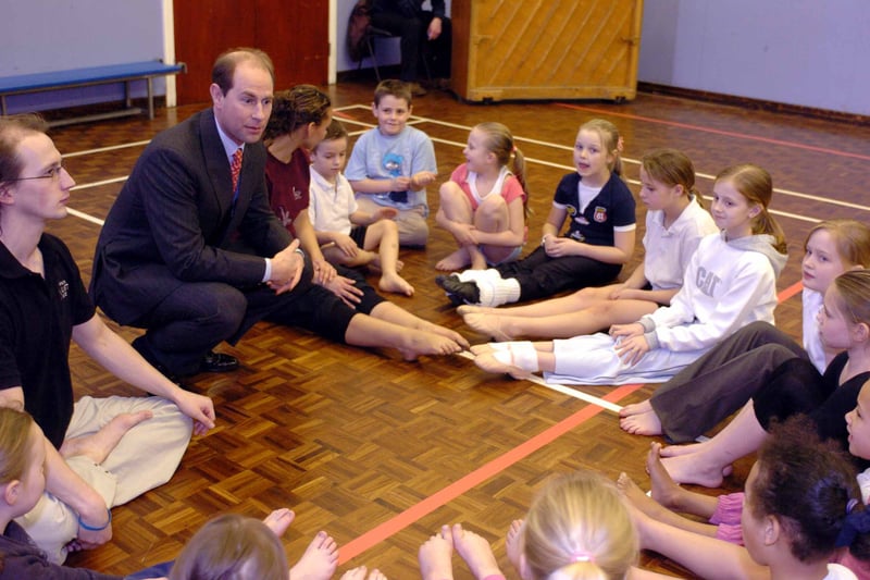 The Earl of Wessex, Prince Edward chats to youngsters attending an after school club at Bramley St Peters School in March 2007.