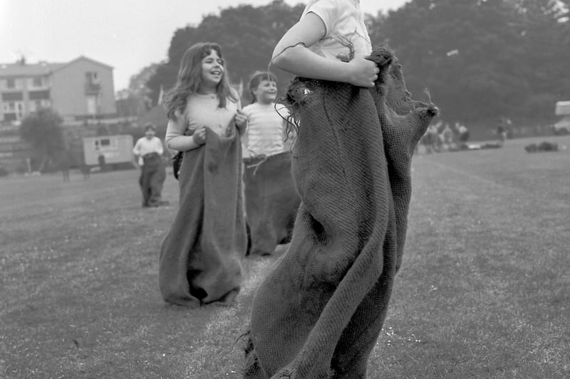 Children pictured during the sack race at Stockbridge Primary School's sports day 1968