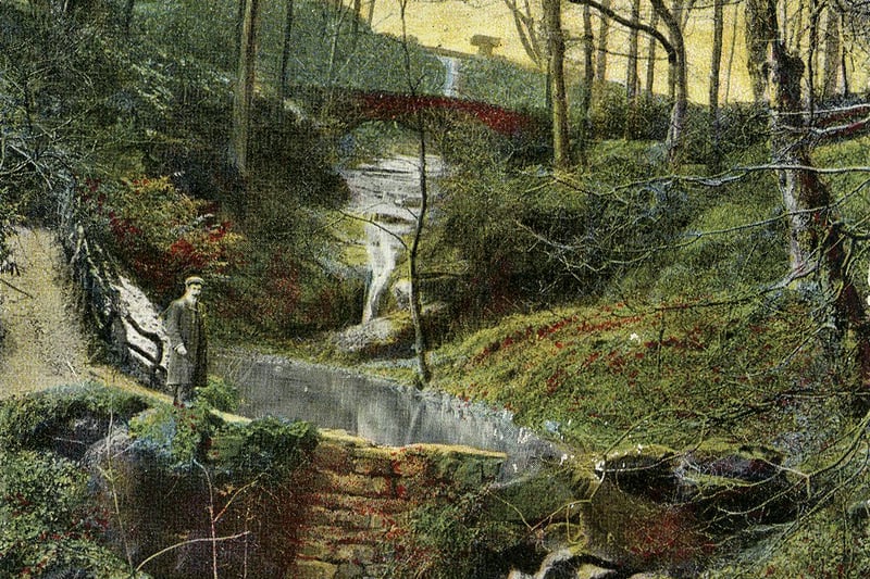 A colour-tinted postcard 
 showing the 'Three Waterfalls' between the Upper Lake and Waterloo Lake. A date of July 20, 1904 is stamped on the back.